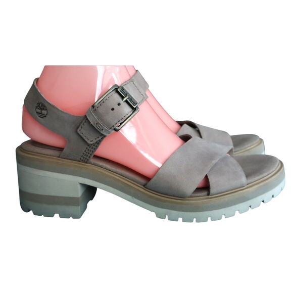 Timberland Platform Sandal 9.5 Taupe Leather Nubuck Open Toe Lug Sole Block Heel - Picture 1 of 9